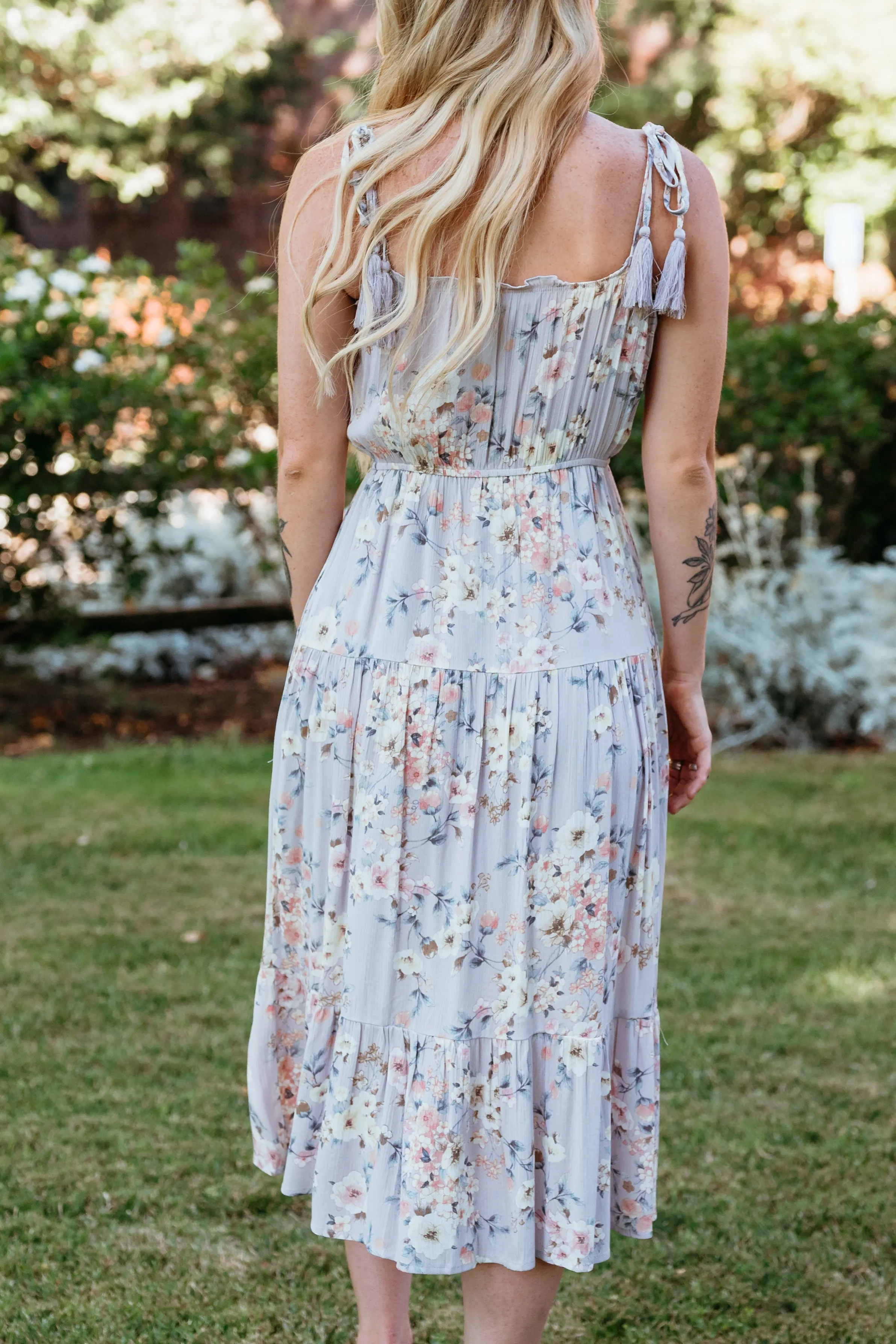 CLEARANCE - Floral Print Cami Midi Dress W/ Tassle Straps