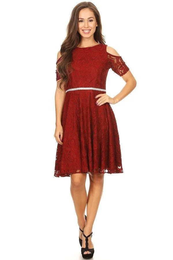 Cold Shoulder Short Lace Dress with Short Sleeves by Celavie 6307