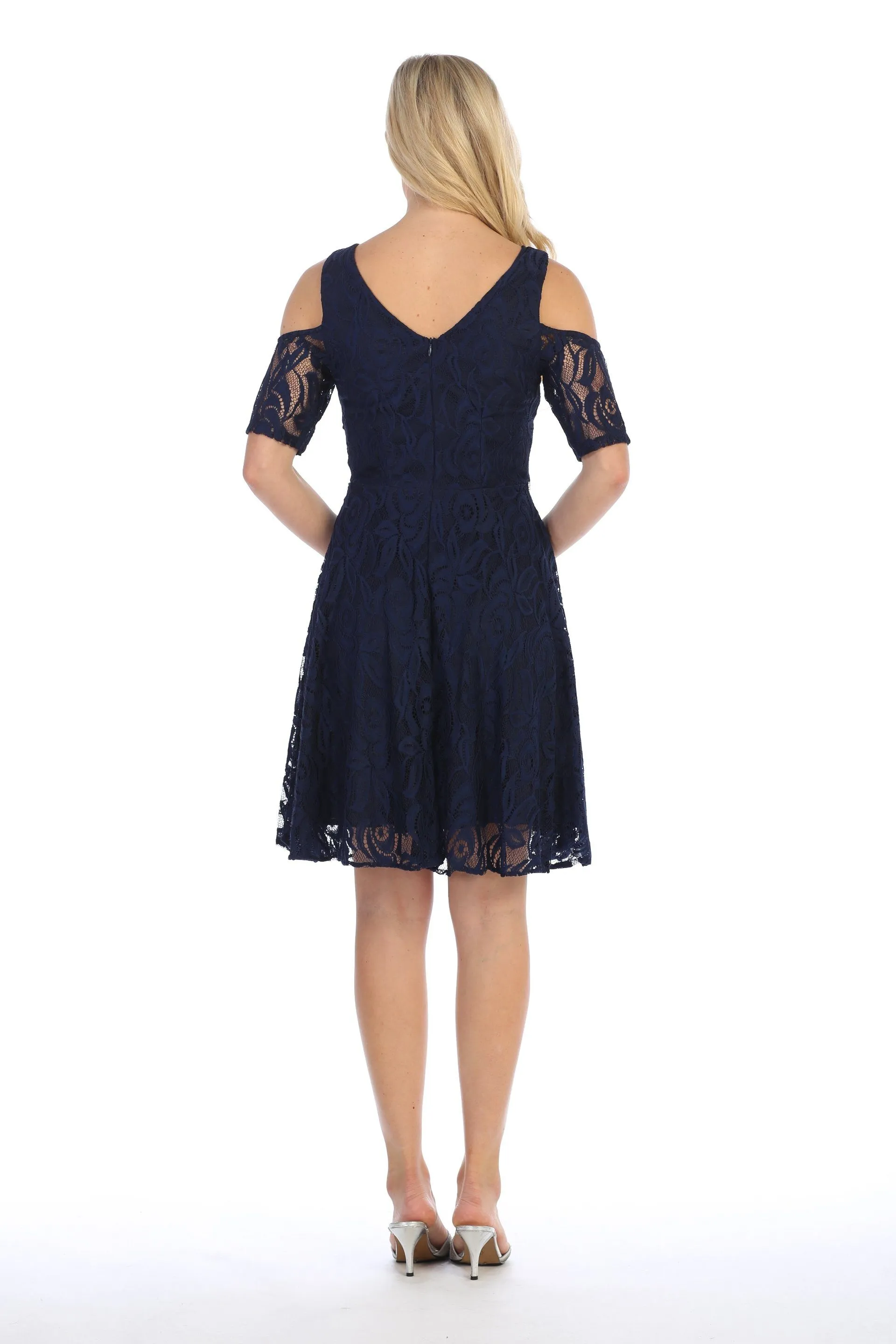 Cold Shoulder Short Lace Dress with Short Sleeves by Celavie 6307