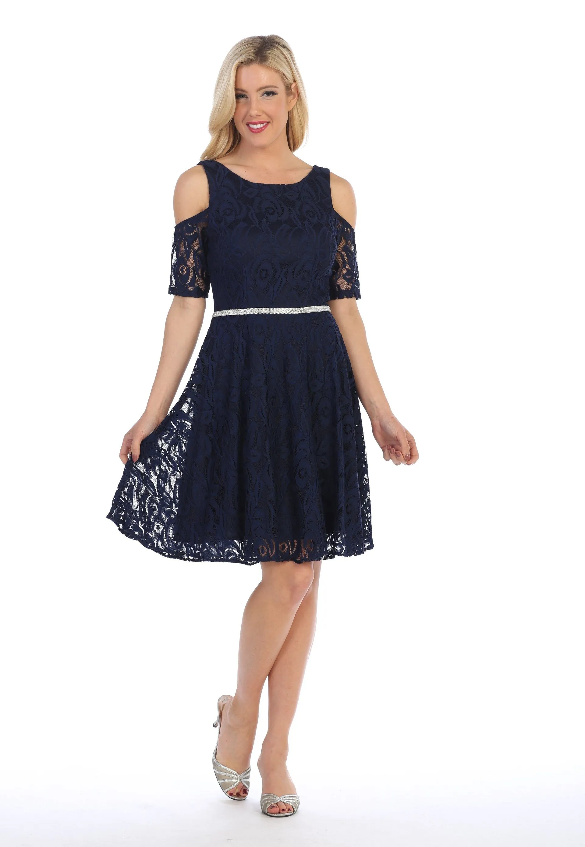 Cold Shoulder Short Lace Dress with Short Sleeves by Celavie 6307