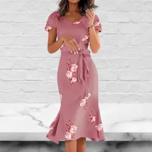 Crew Neck Short Sleeves Floral Printed Midi Dress