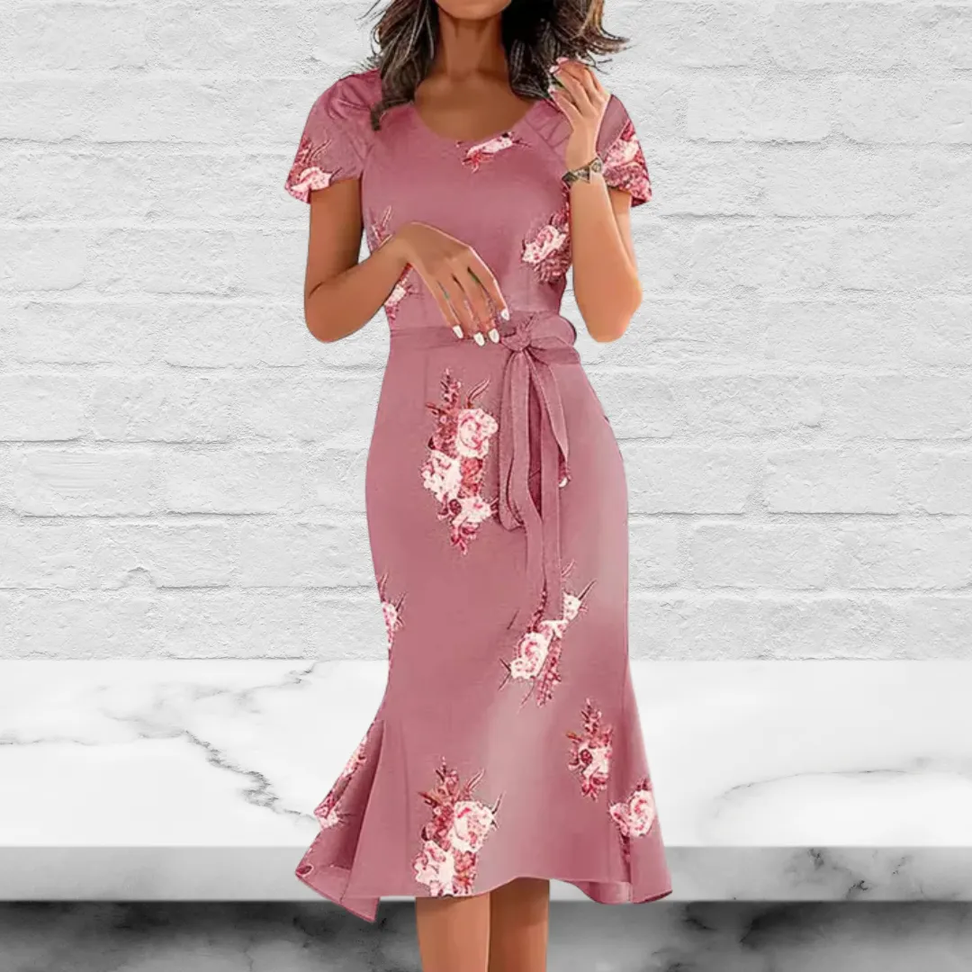 Crew Neck Short Sleeves Floral Printed Midi Dress