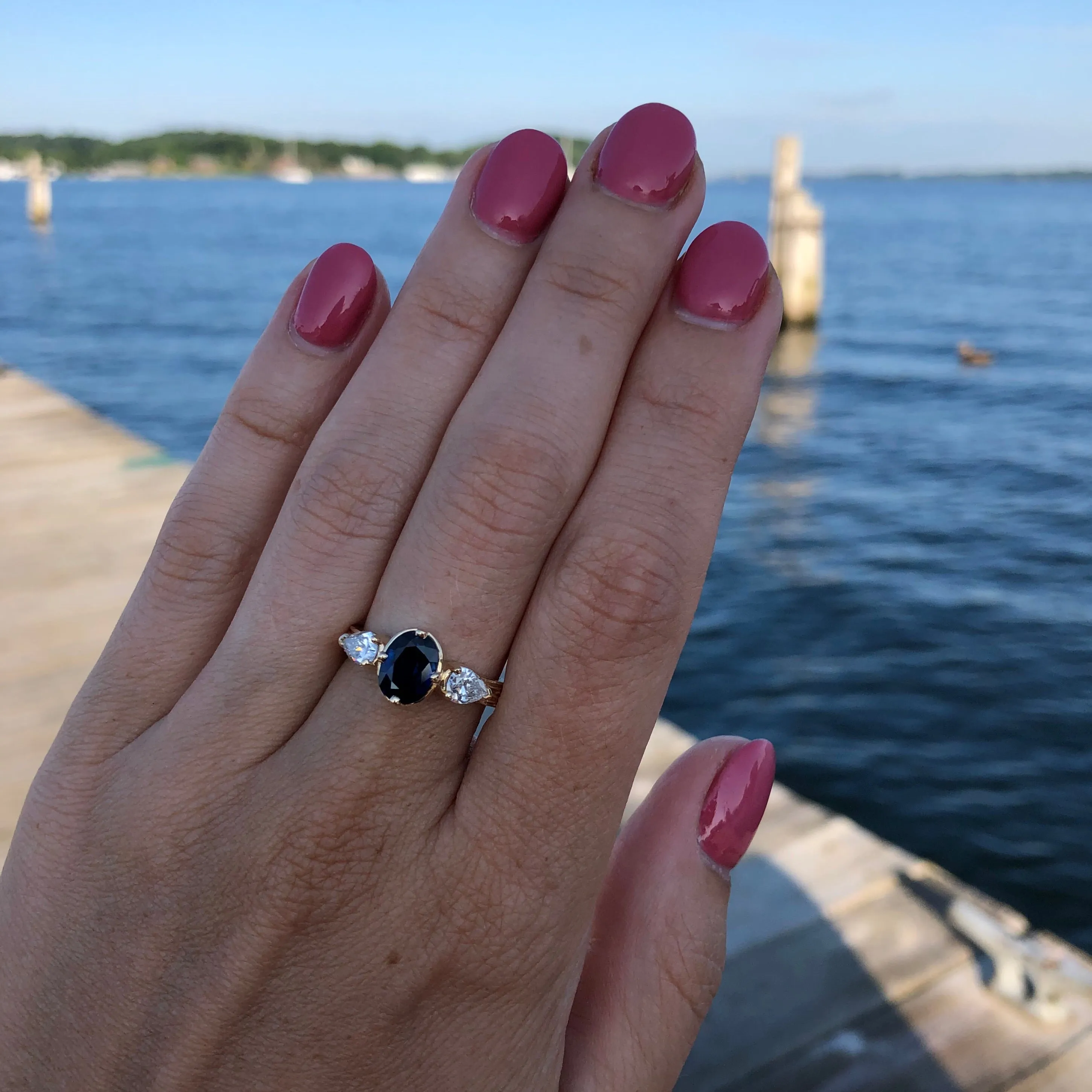 Dark Blue Sapphire & Diamond Ripple Ring in 14K Gold