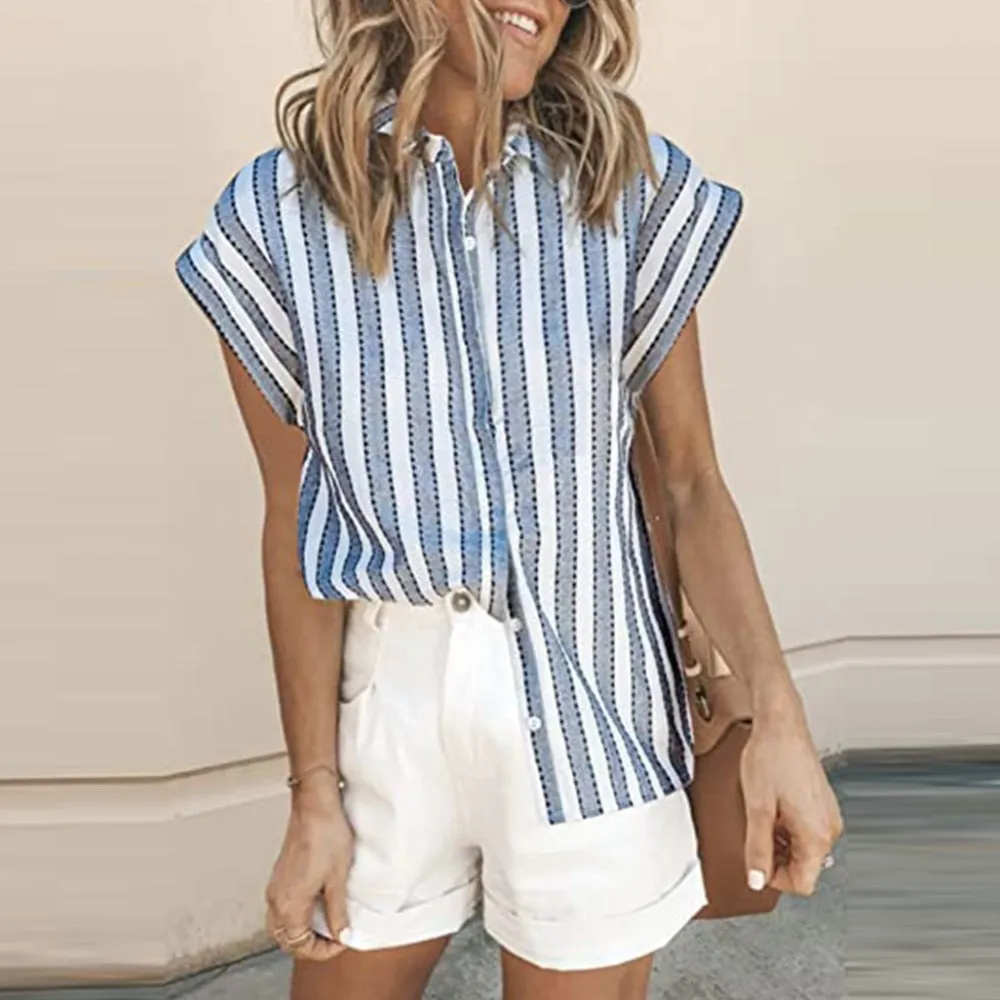 FashionSierra - Elegant Striped T Shirt Tops Summer Blouse Ladies Holiday Beach Casual Loose Cardigan Daily Tee