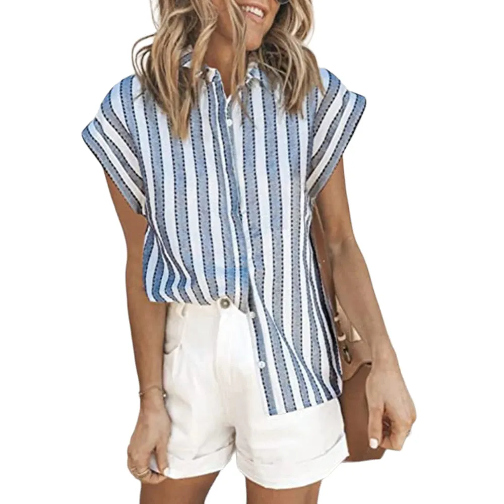 FashionSierra - Elegant Striped T Shirt Tops Summer Blouse Ladies Holiday Beach Casual Loose Cardigan Daily Tee