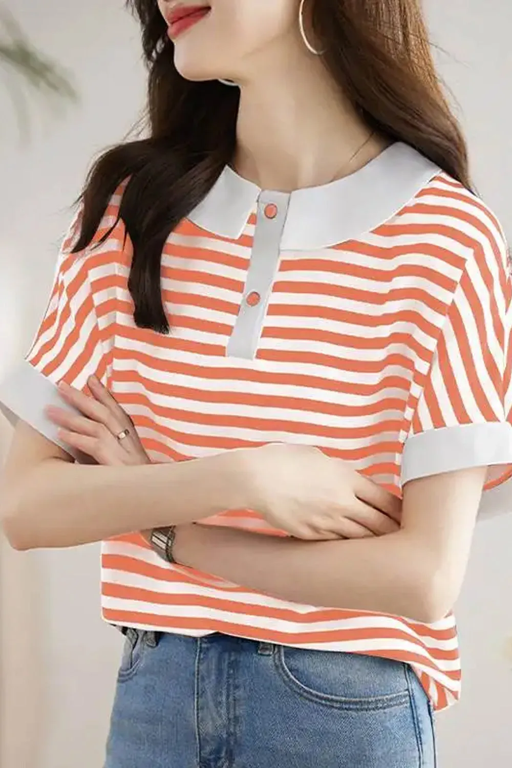 Flytonn-cute winter outfits casual winter outfits christmas outfit party look inspos Retro Doll Collar Short Sleeve Striped Shirt
