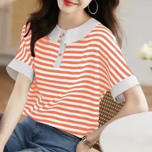 Flytonn-cute winter outfits casual winter outfits christmas outfit party look inspos Retro Doll Collar Short Sleeve Striped Shirt