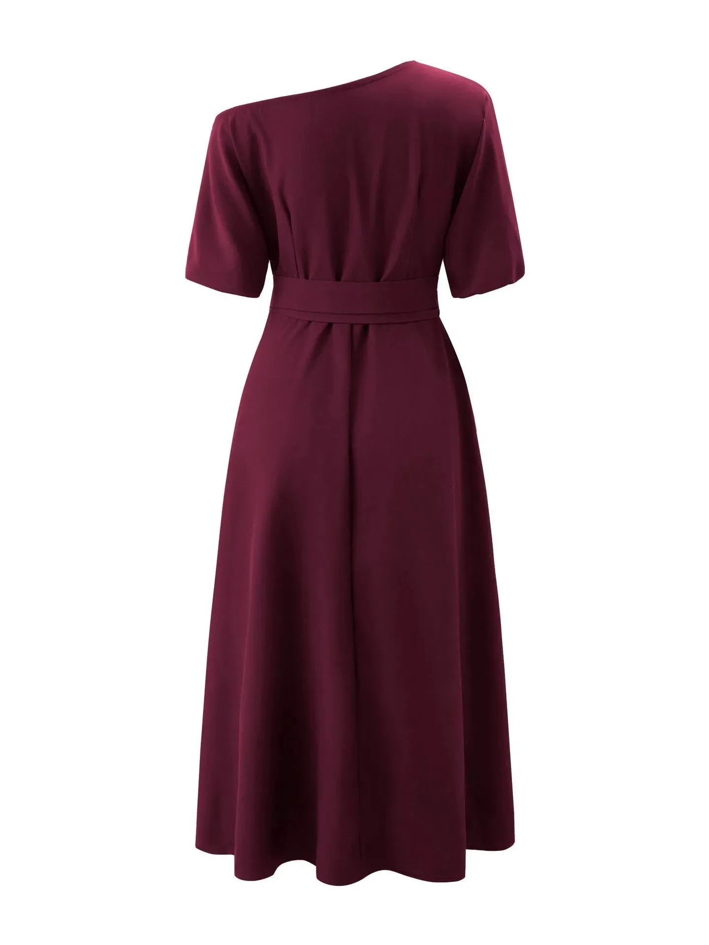 Formal Slanted Shoulder Bodycon Dress Solid Color Tie Waist Dress Summer