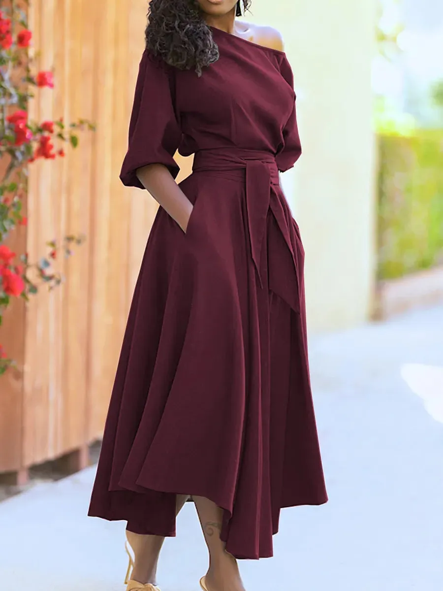 Formal Slanted Shoulder Bodycon Dress Solid Color Tie Waist Dress Summer
