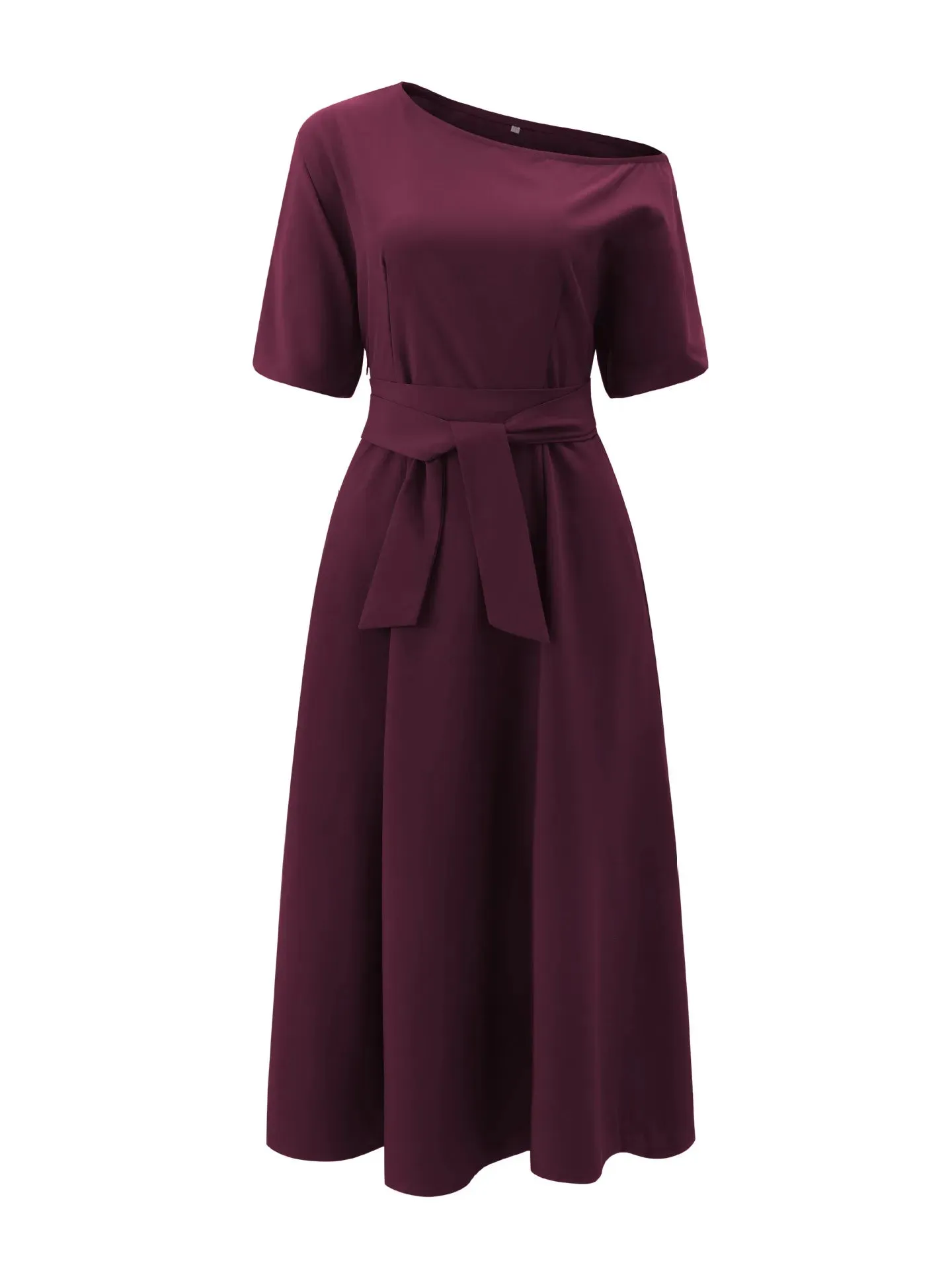 Formal Slanted Shoulder Bodycon Dress Solid Color Tie Waist Dress Summer