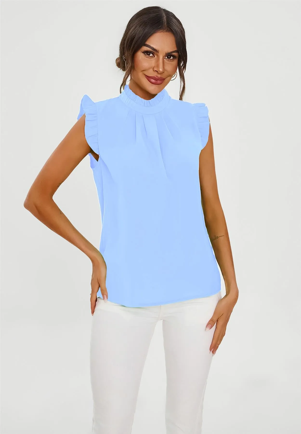 Frill Trim Sleeve High Neck Blouse Top In Light Blue