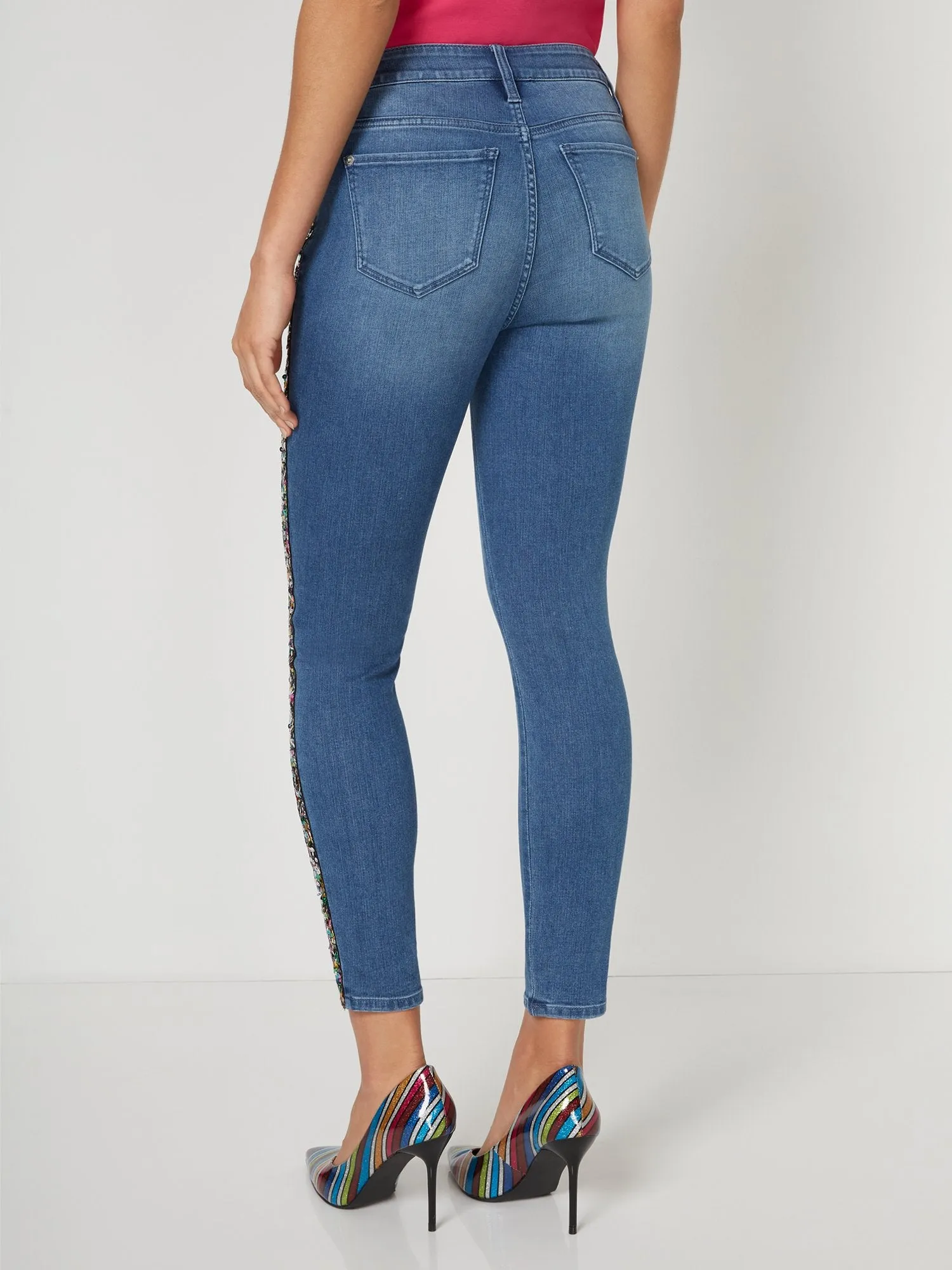 High-Waisted Stripe Skinny Ankle Jeans