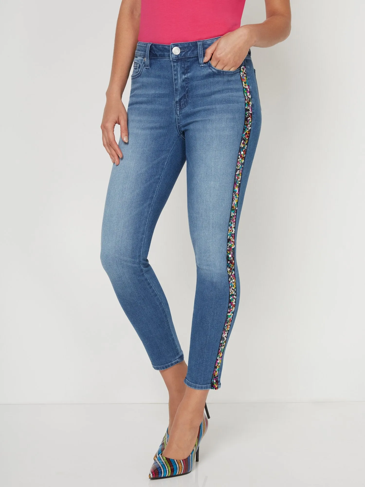 High-Waisted Stripe Skinny Ankle Jeans