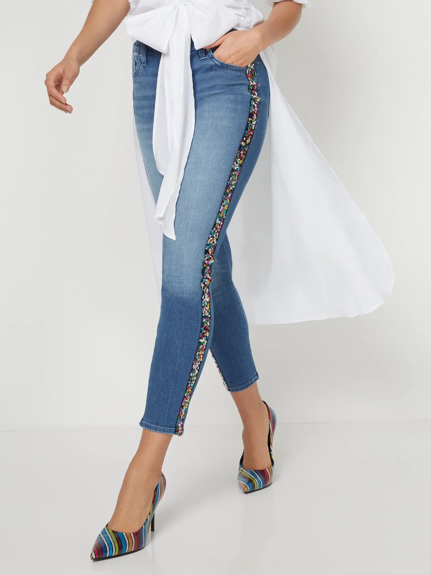 High-Waisted Stripe Skinny Ankle Jeans