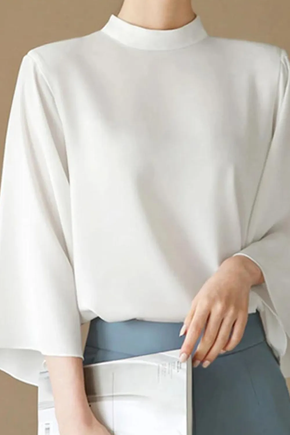 Ivyshape | Blouse With Stand-Up Collar and Bell Sleeves