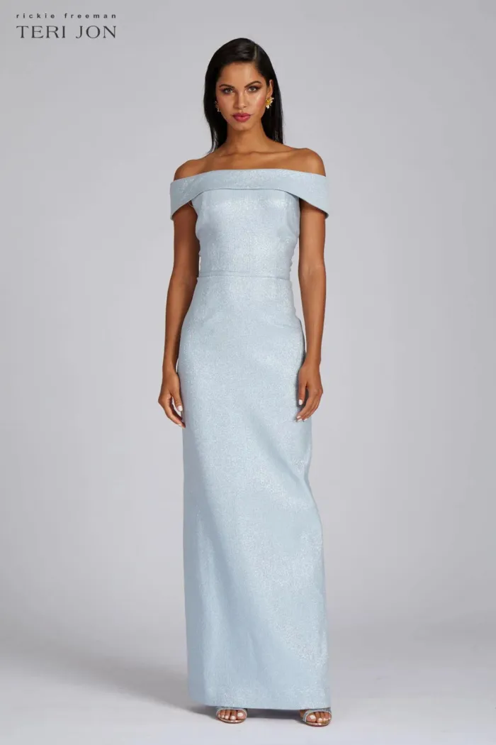 Jacquard Off The Shoulder Column Gown