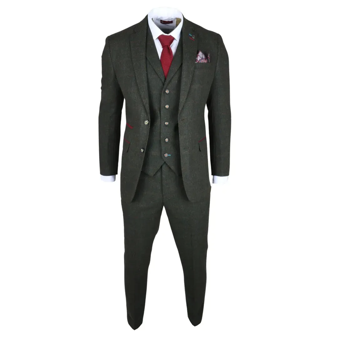 Joshua - Men's 3 Piece Green Tweed Slim Fit Suit