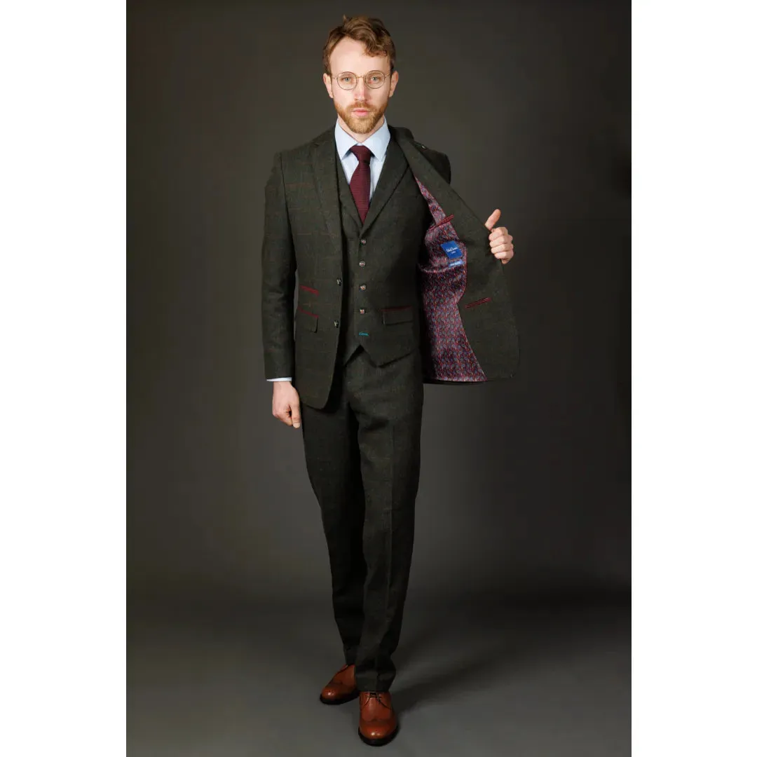Joshua - Men's 3 Piece Green Tweed Slim Fit Suit