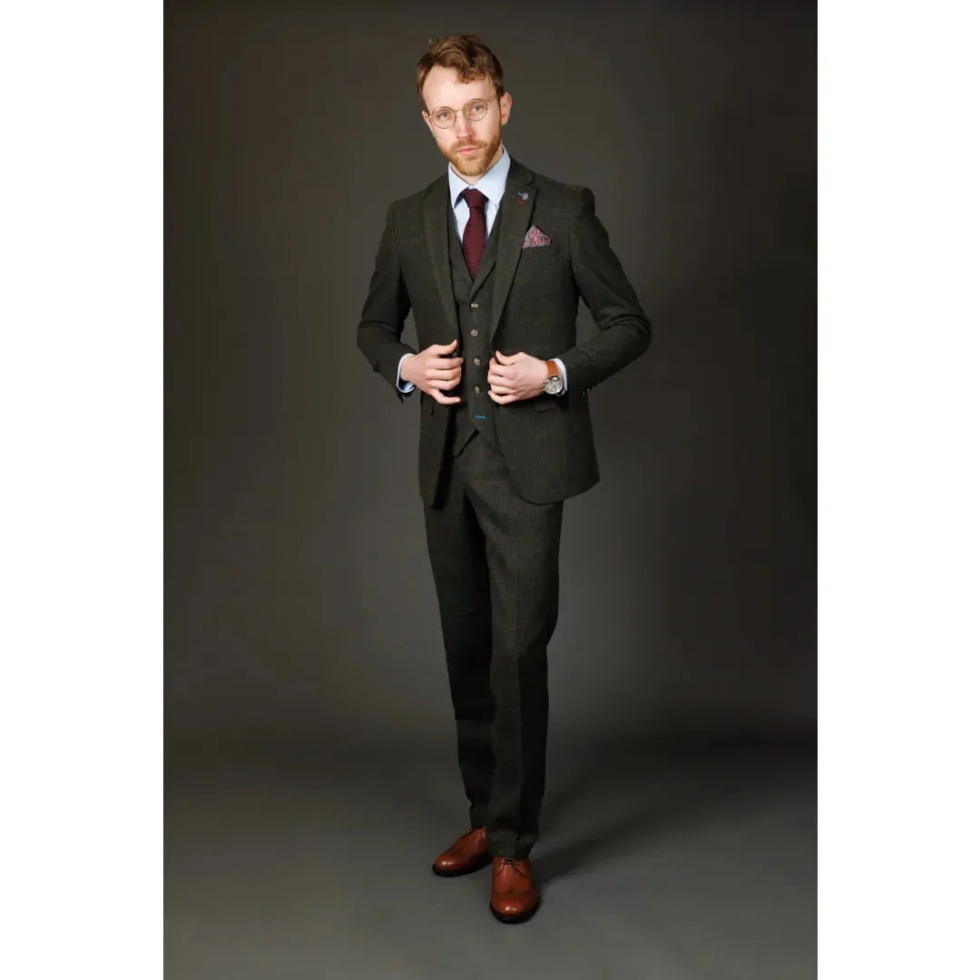 Joshua - Men's 3 Piece Green Tweed Slim Fit Suit