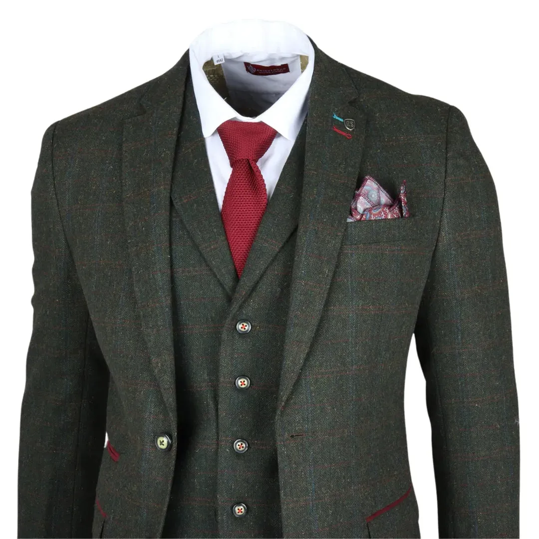 Joshua - Men's 3 Piece Green Tweed Slim Fit Suit