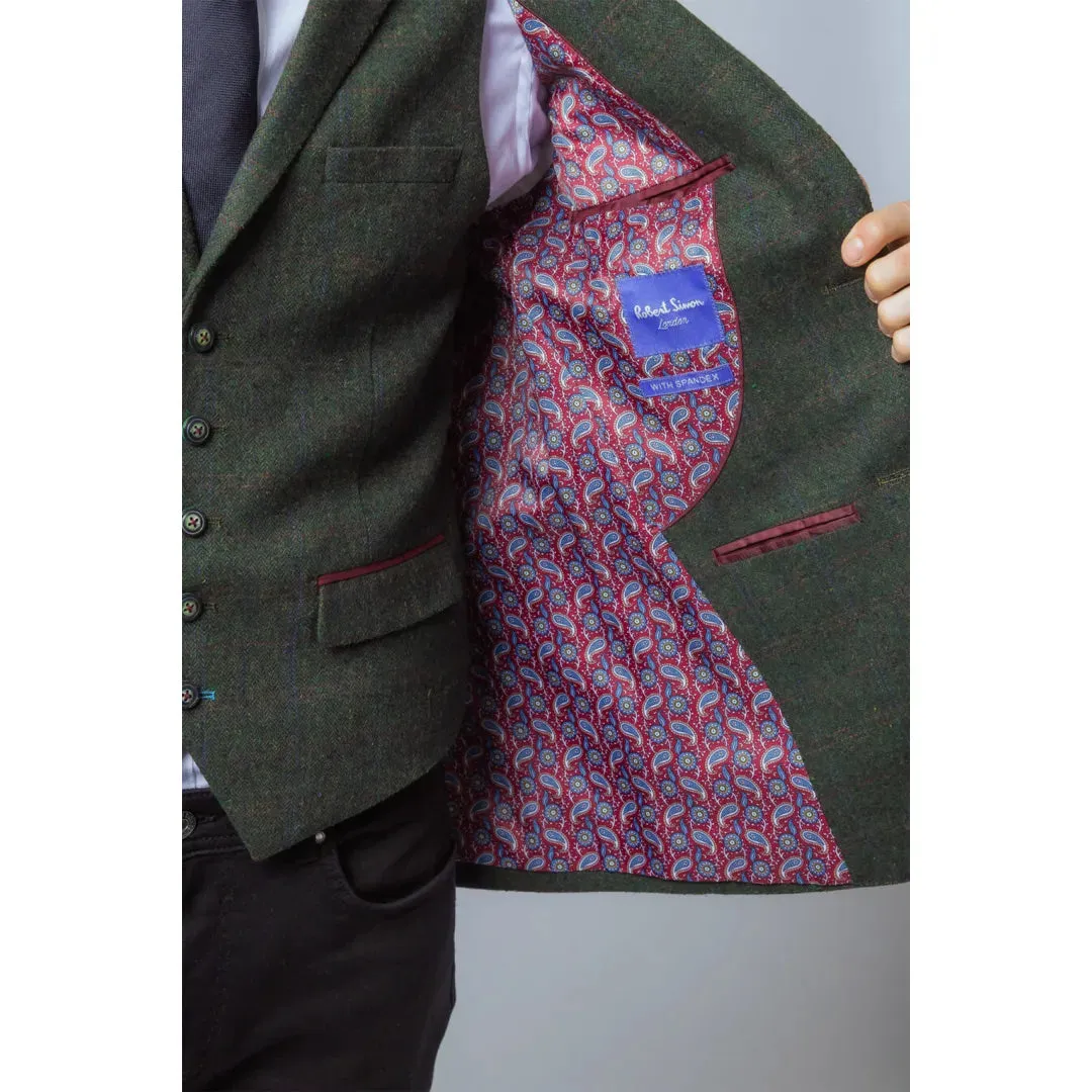 Joshua - Men's 3 Piece Green Tweed Slim Fit Suit