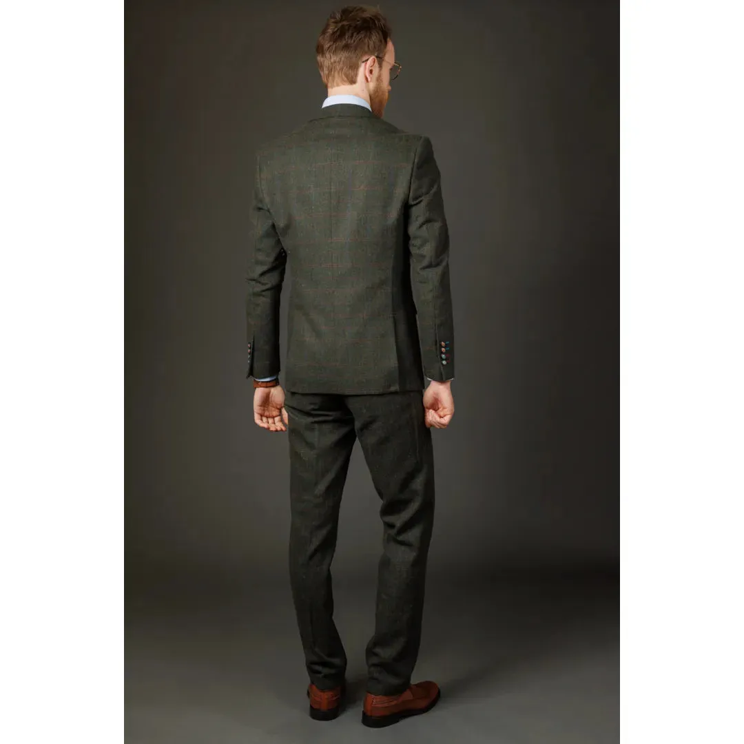 Joshua - Men's 3 Piece Green Tweed Slim Fit Suit