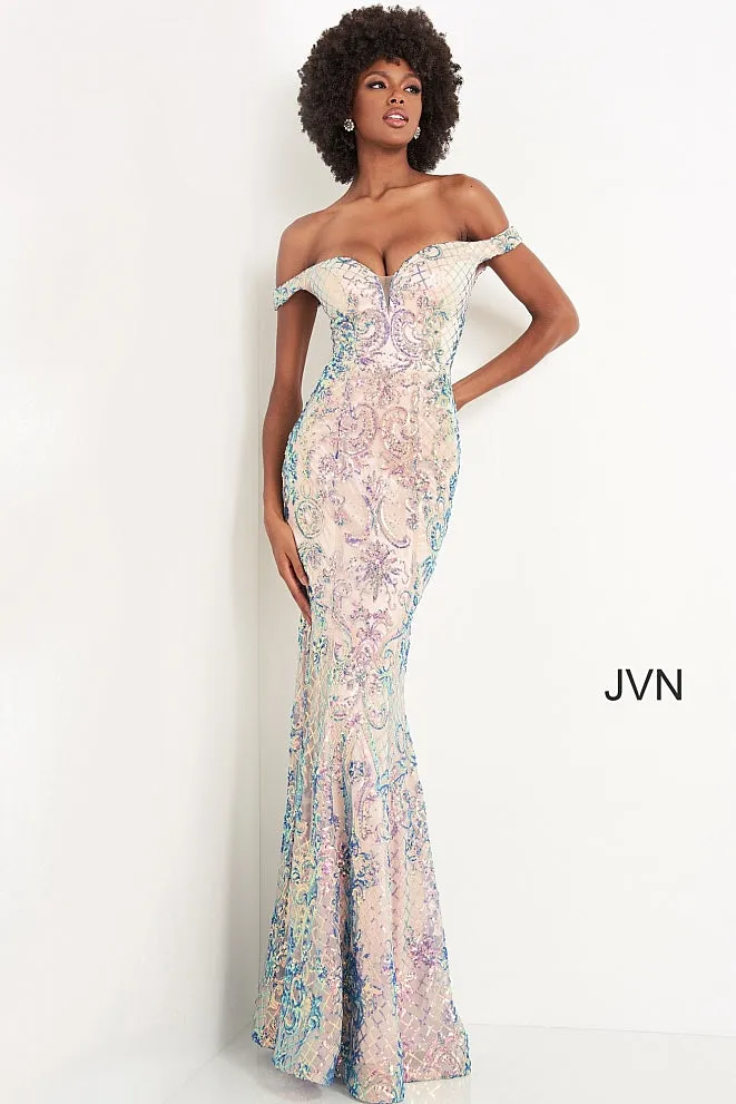 Jovani JVN04515 Black/ Multi Long Fitted Sequin Prom Dress off the shoulder Mermaid Pageant Size 0, 14