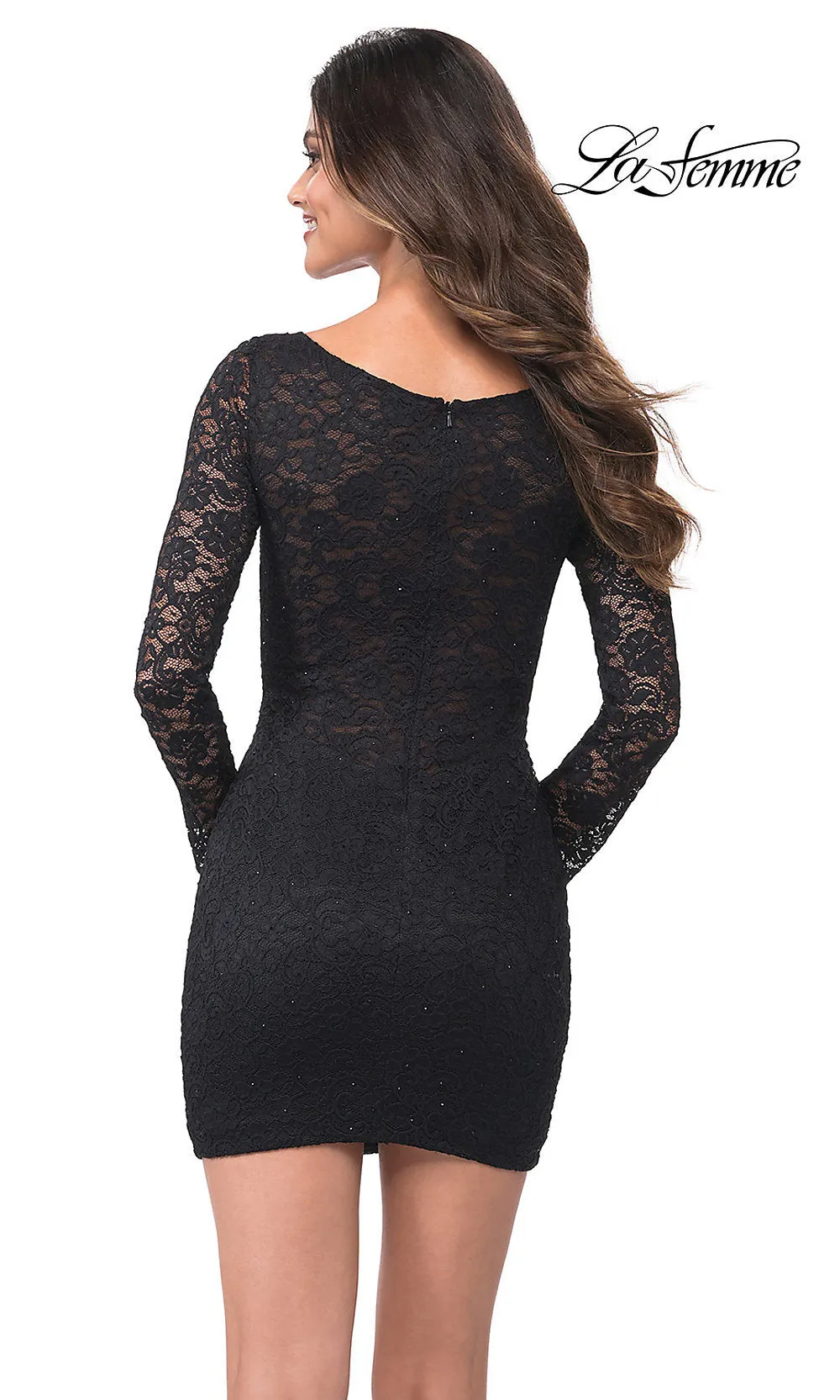 La Femme Long Sleeve Short Black Lace Party Dress