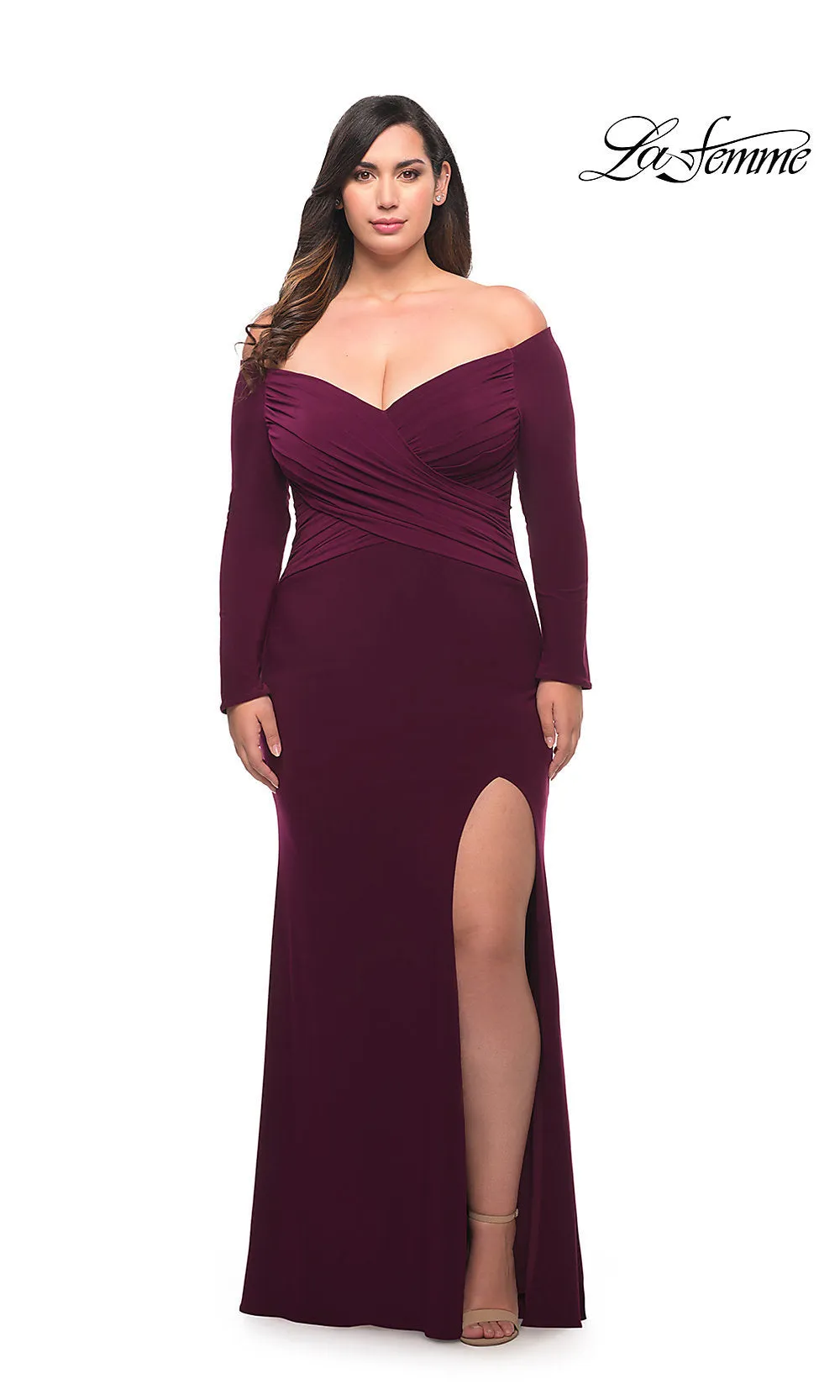 La Femme Off-Shoulder Long-Sleeve Plus Prom Dress