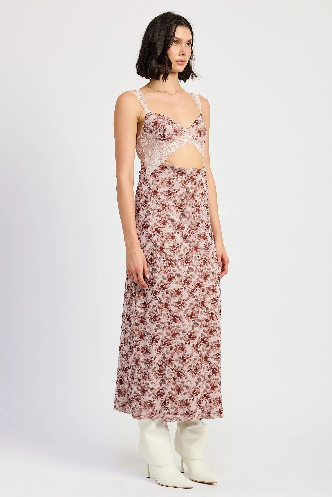 Lace Trim Midi Floral Dress with Cut Out Details
