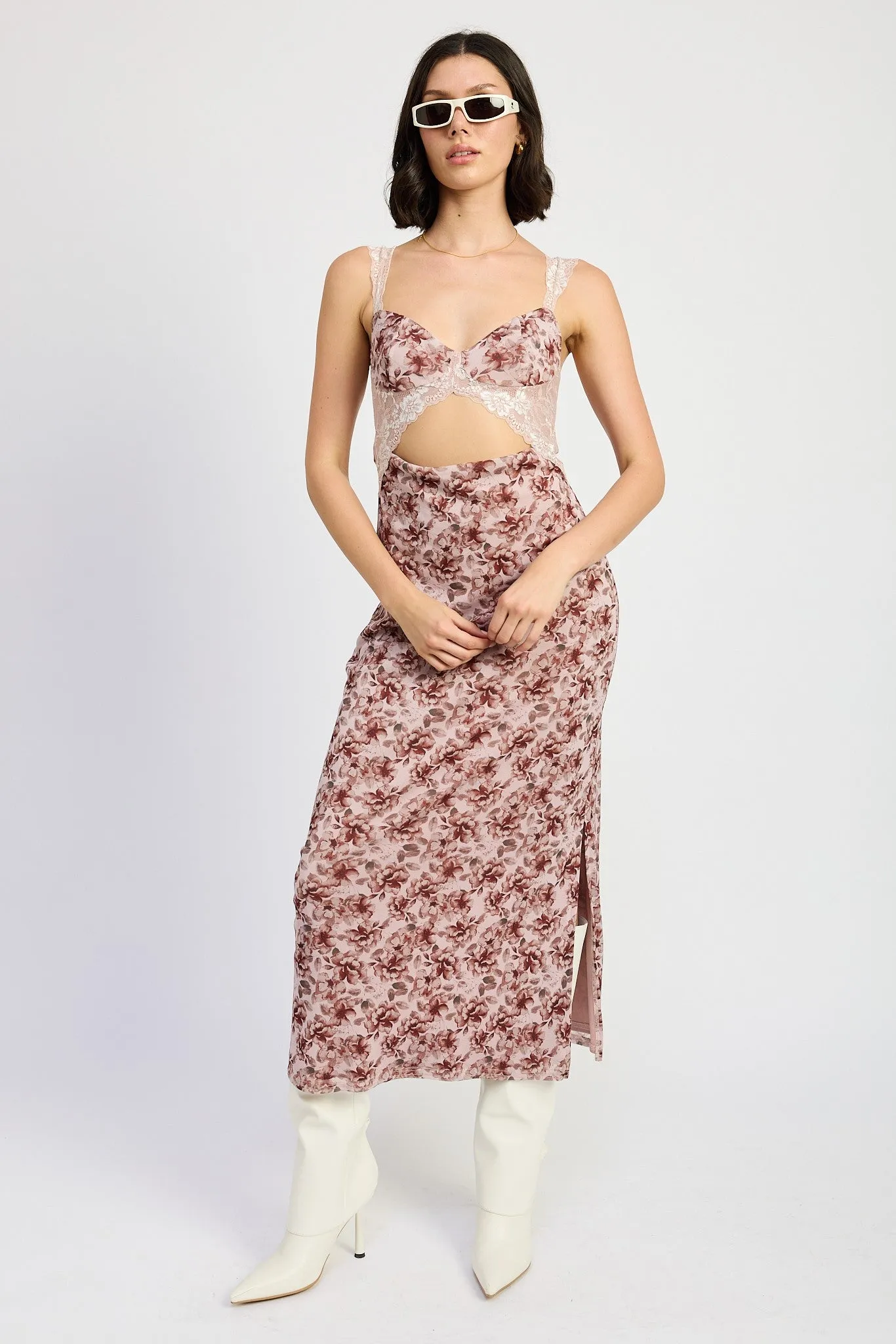 Lace Trim Midi Floral Dress with Cut Out Details