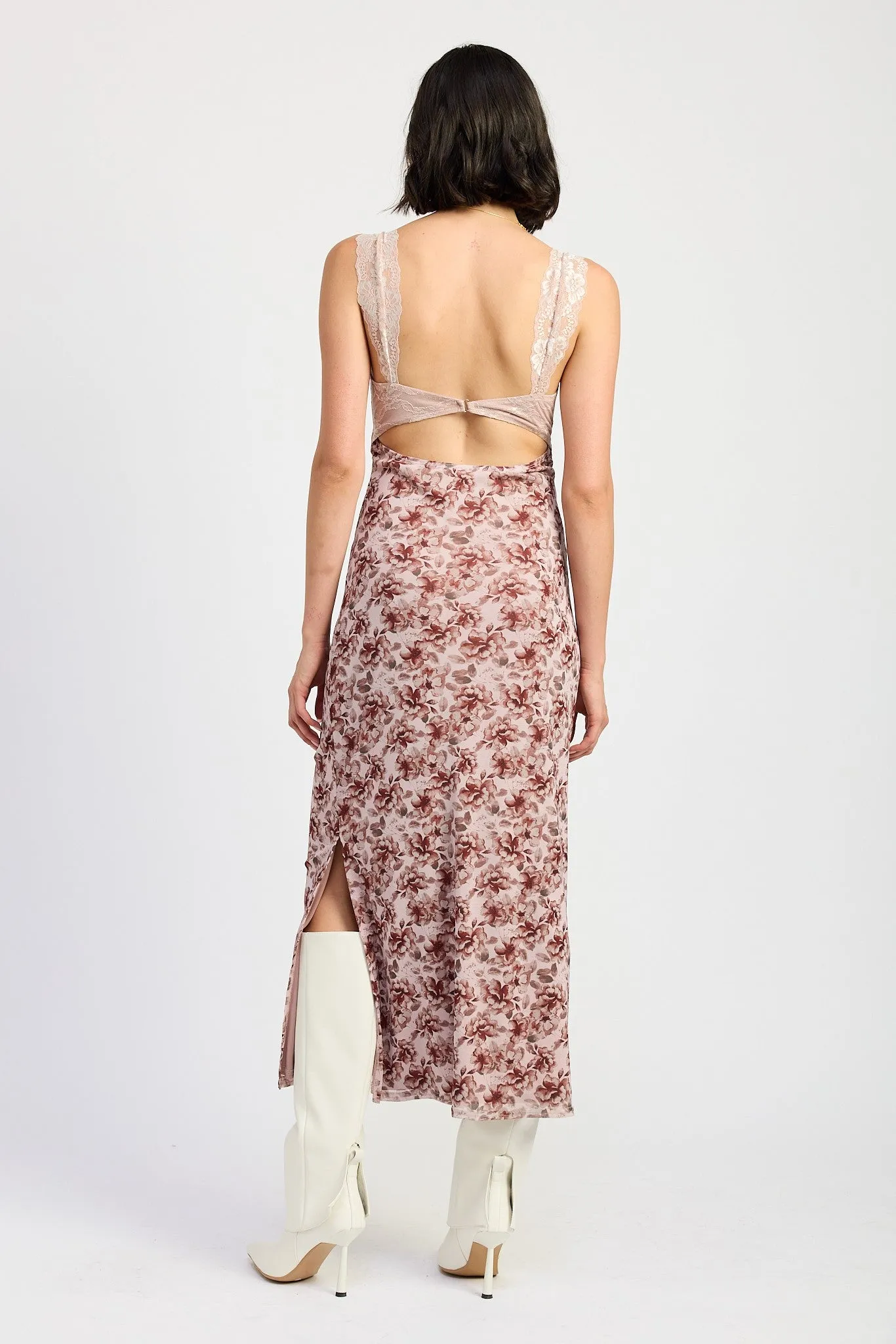 Lace Trim Midi Floral Dress with Cut Out Details