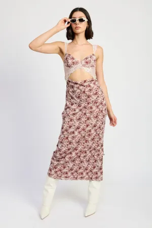 Lace Trim Midi Floral Dress with Cut Out Details
