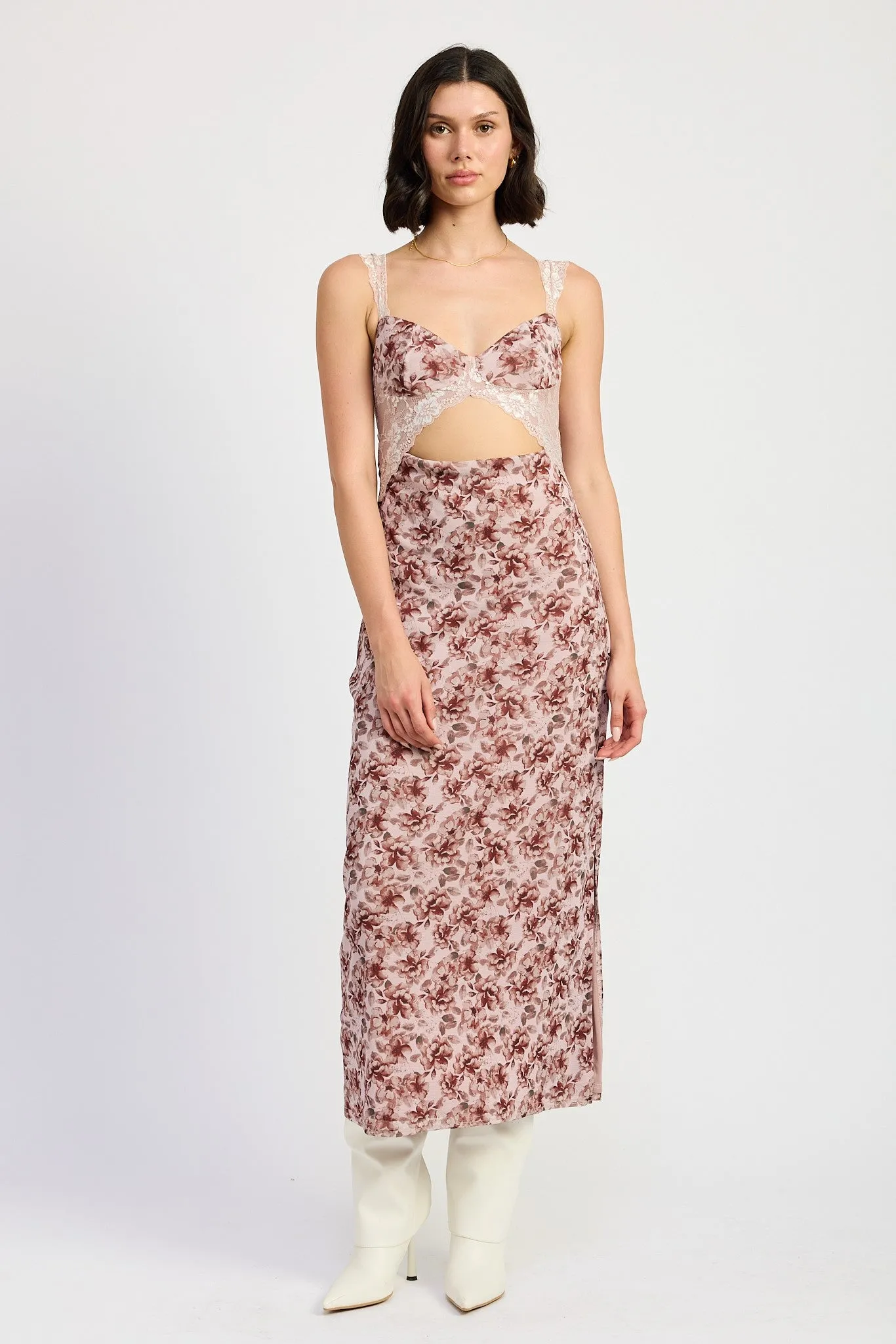 Lace Trim Midi Floral Dress with Cut Out Details