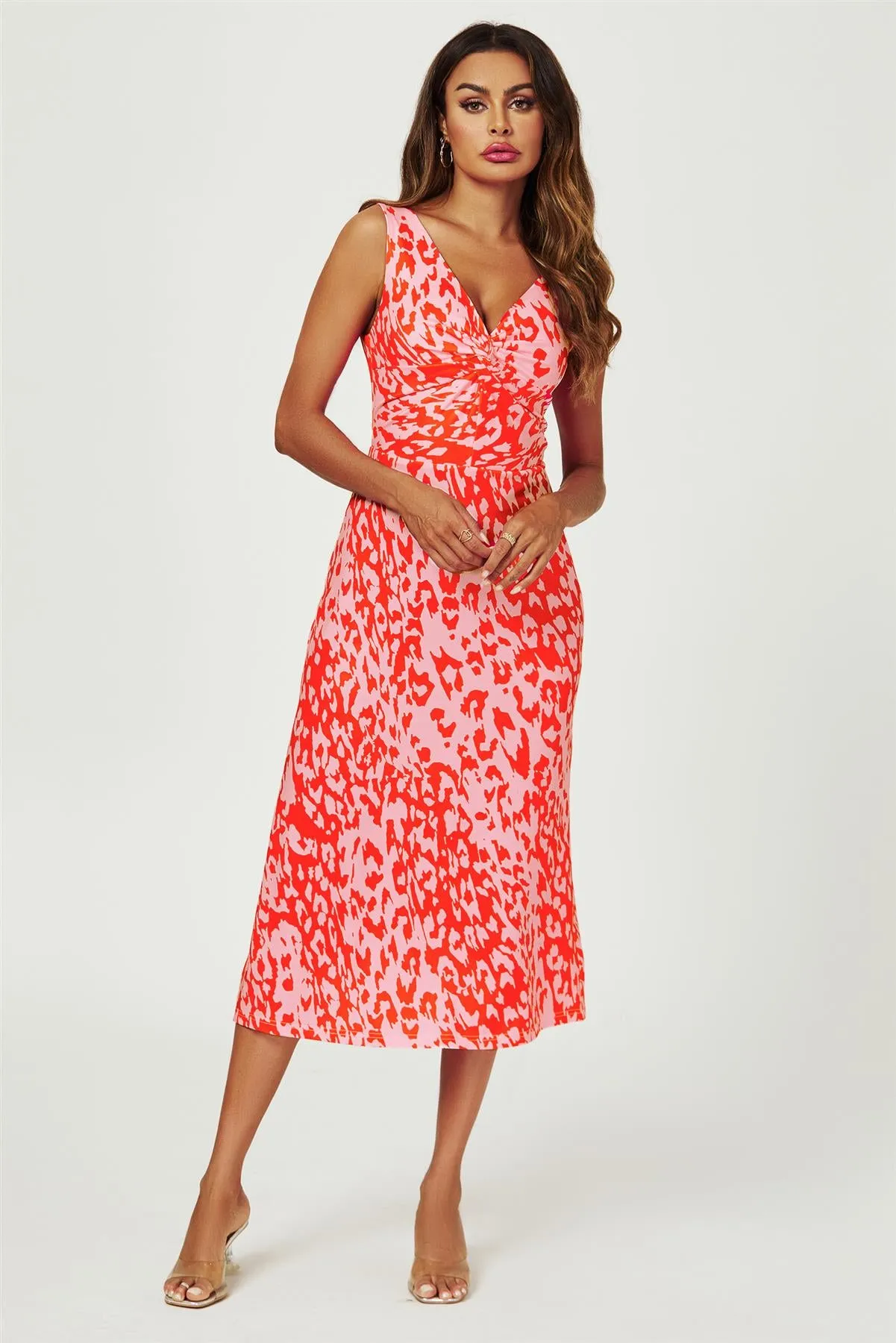 Leopard Print V Neck Knot Front Midi Dress In Pink