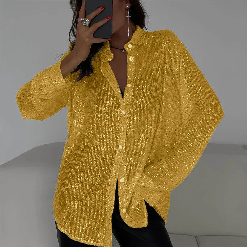 Long-sleeved Sequin Shirt Ins Fashion Lapel Tops For Party Street-style Women's Clothing