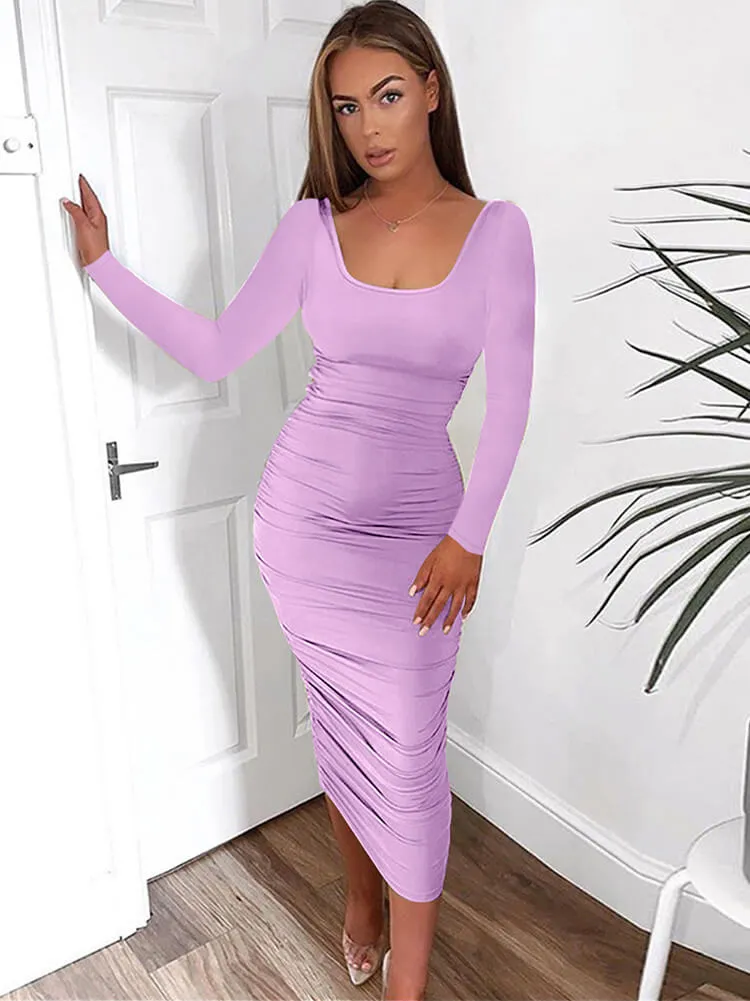 Long Sleeves Deep Spoon Neck Ruched Maxi Dress