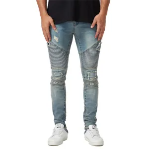 Men's Ripped Patch Jeans Basic Pleated Jeans Mid Waist Straight Pants
