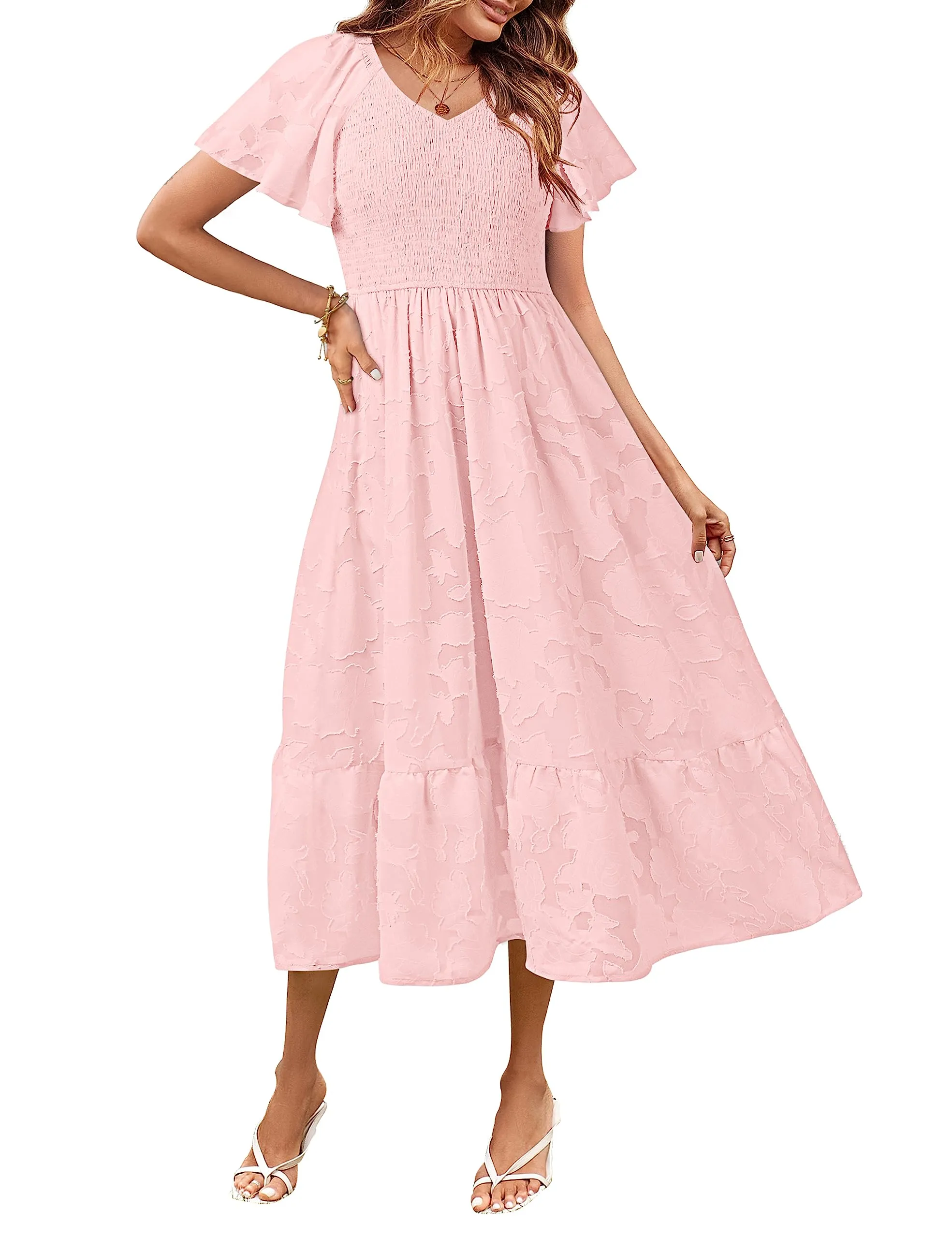 MEROKEETY V Neck Ruffle Sleeve Floral Lace Smocked Midi Dress