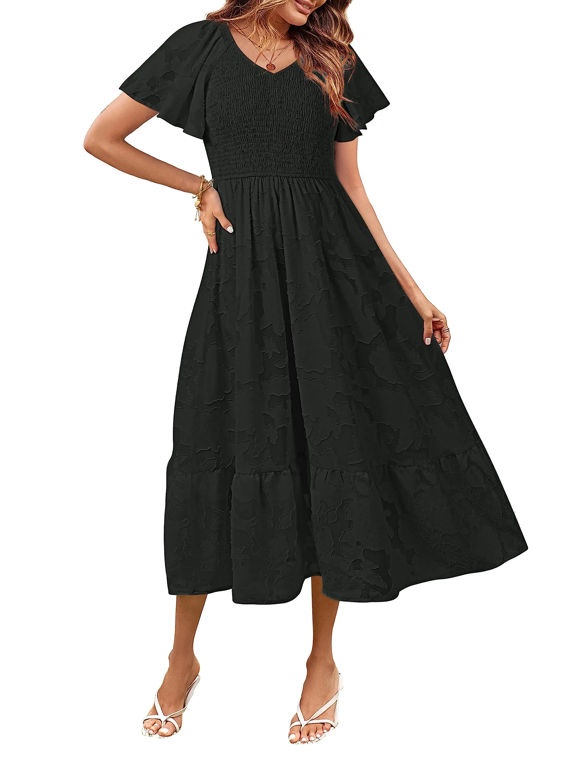 MEROKEETY V Neck Ruffle Sleeve Floral Lace Smocked Midi Dress