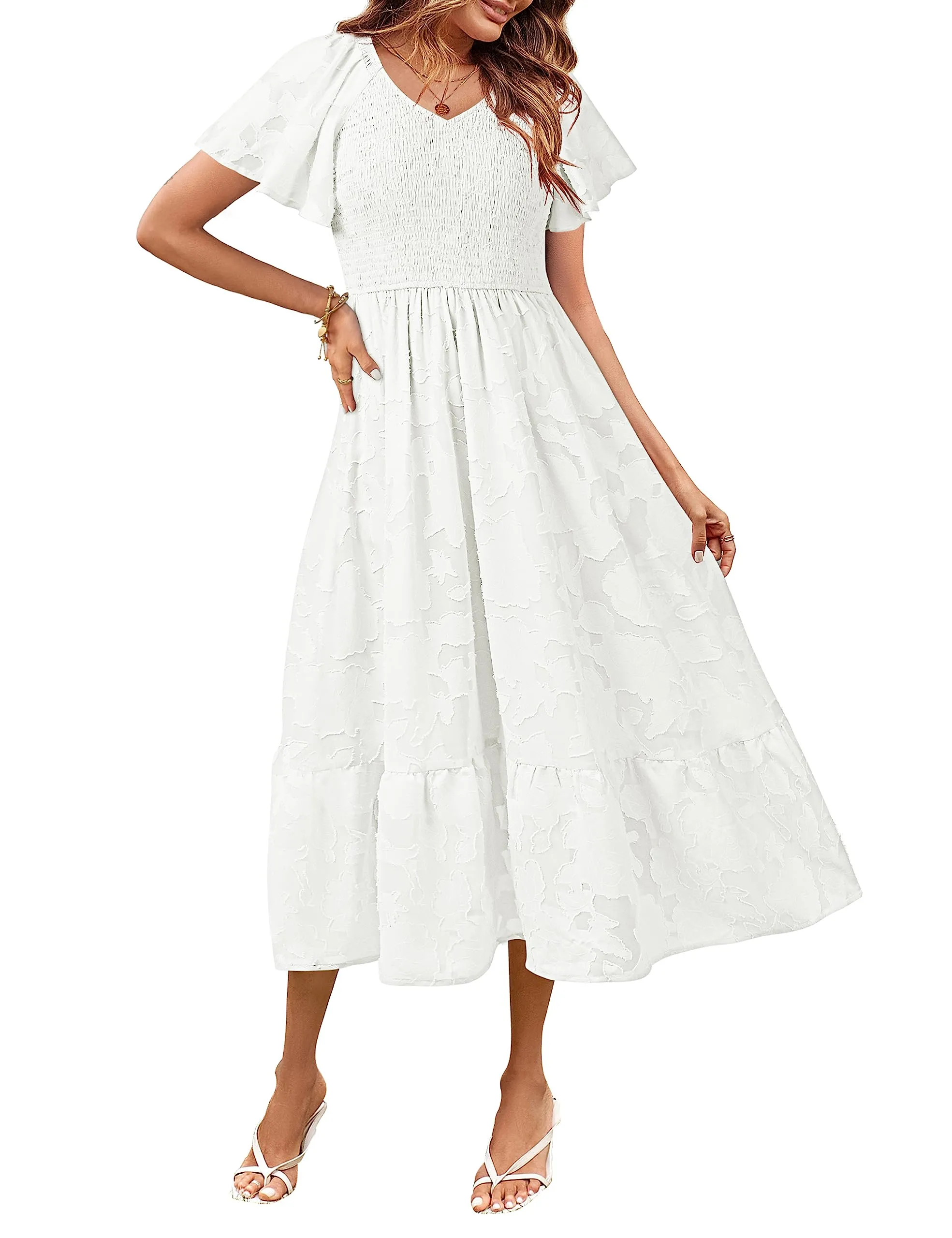 MEROKEETY V Neck Ruffle Sleeve Floral Lace Smocked Midi Dress