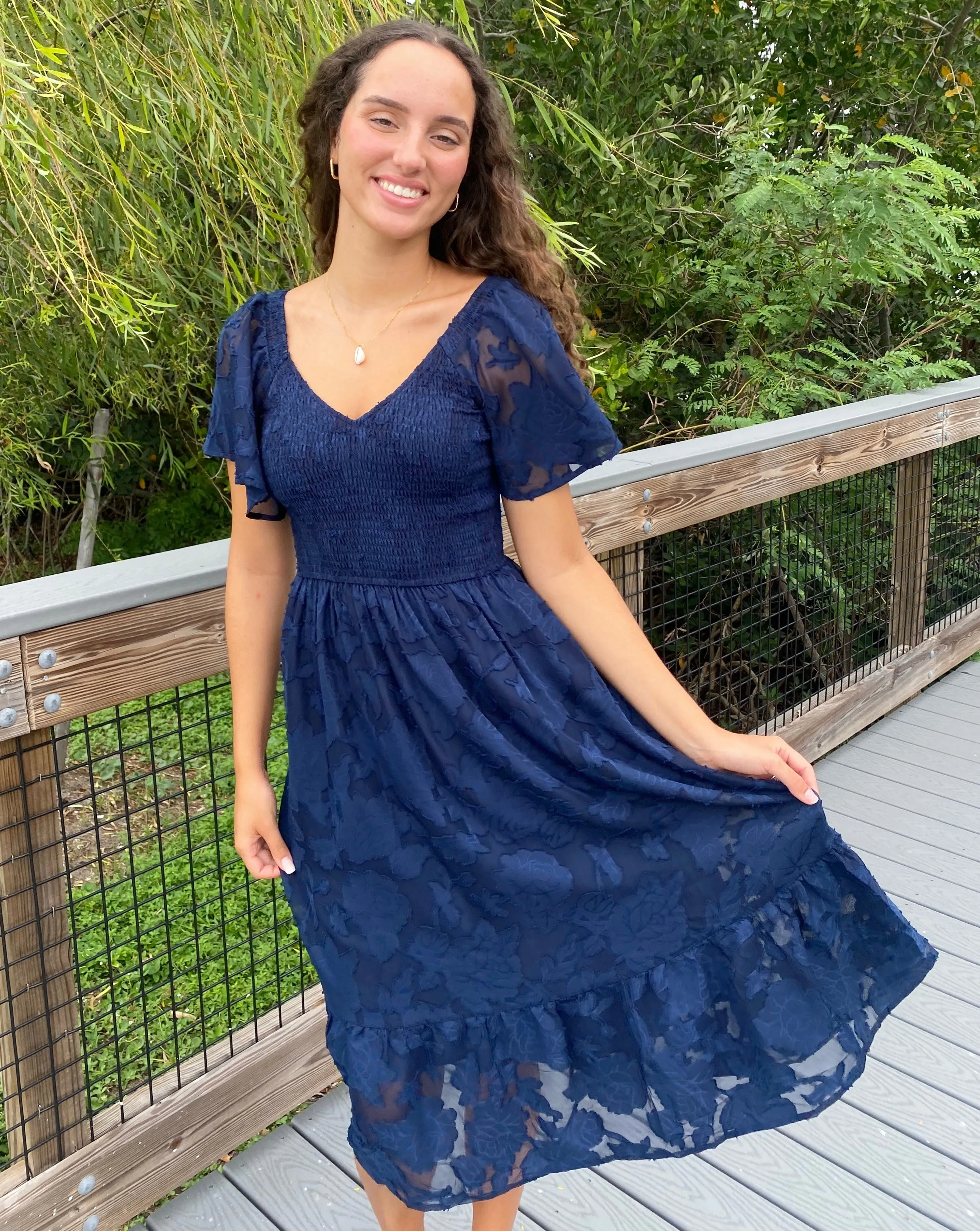 MEROKEETY V Neck Ruffle Sleeve Floral Lace Smocked Midi Dress