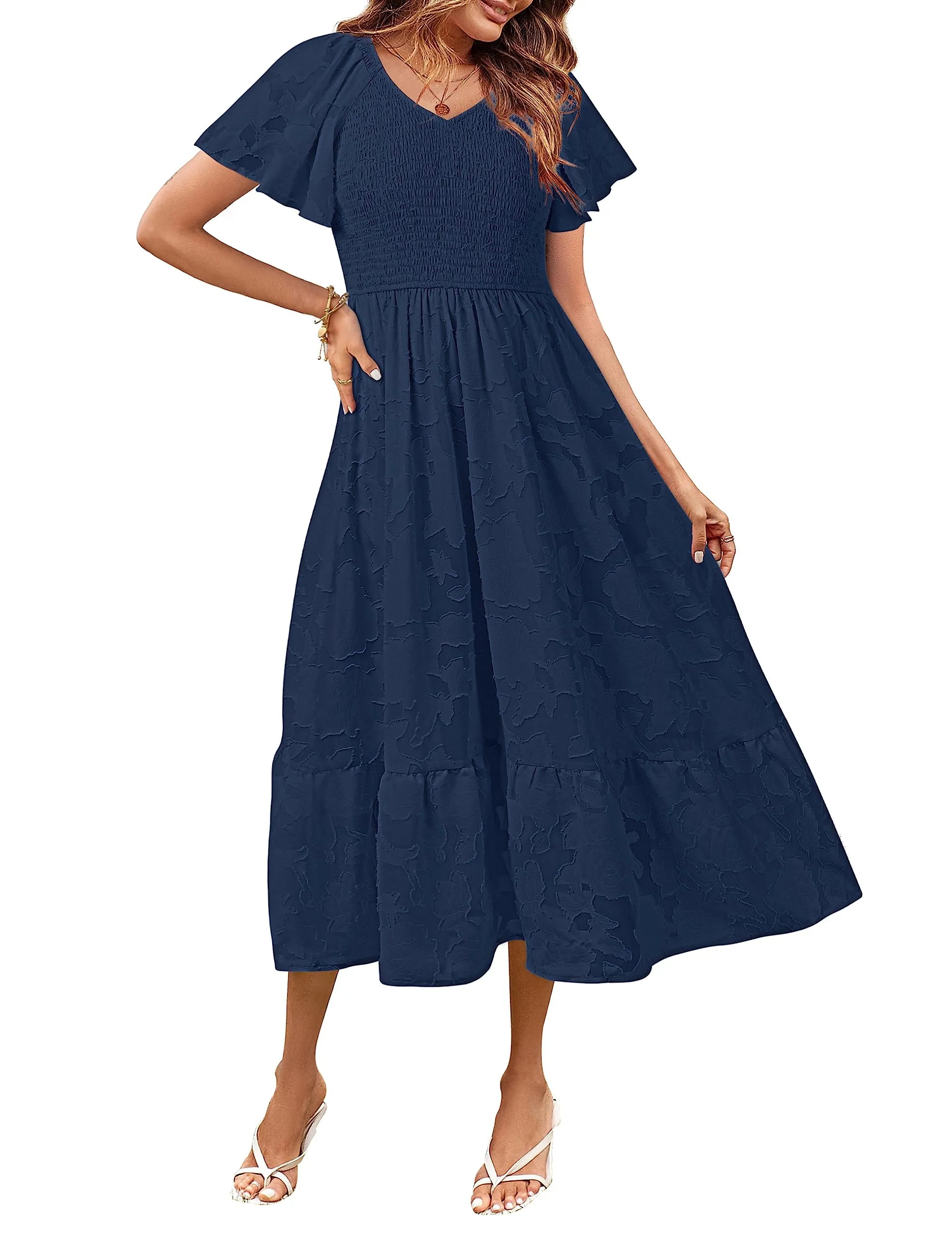MEROKEETY V Neck Ruffle Sleeve Floral Lace Smocked Midi Dress