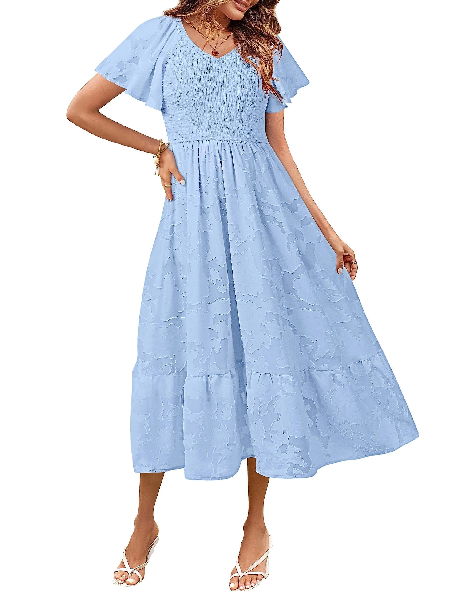 MEROKEETY V Neck Ruffle Sleeve Floral Lace Smocked Midi Dress
