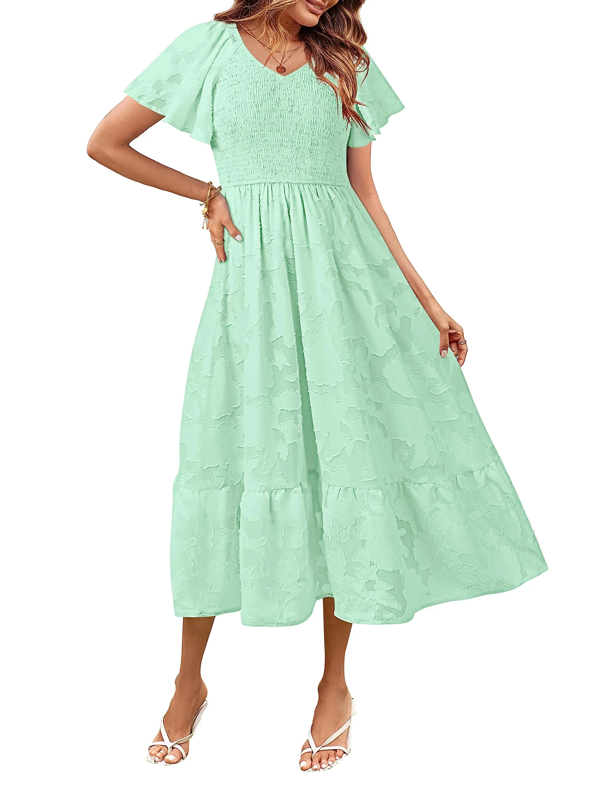 MEROKEETY V Neck Ruffle Sleeve Floral Lace Smocked Midi Dress