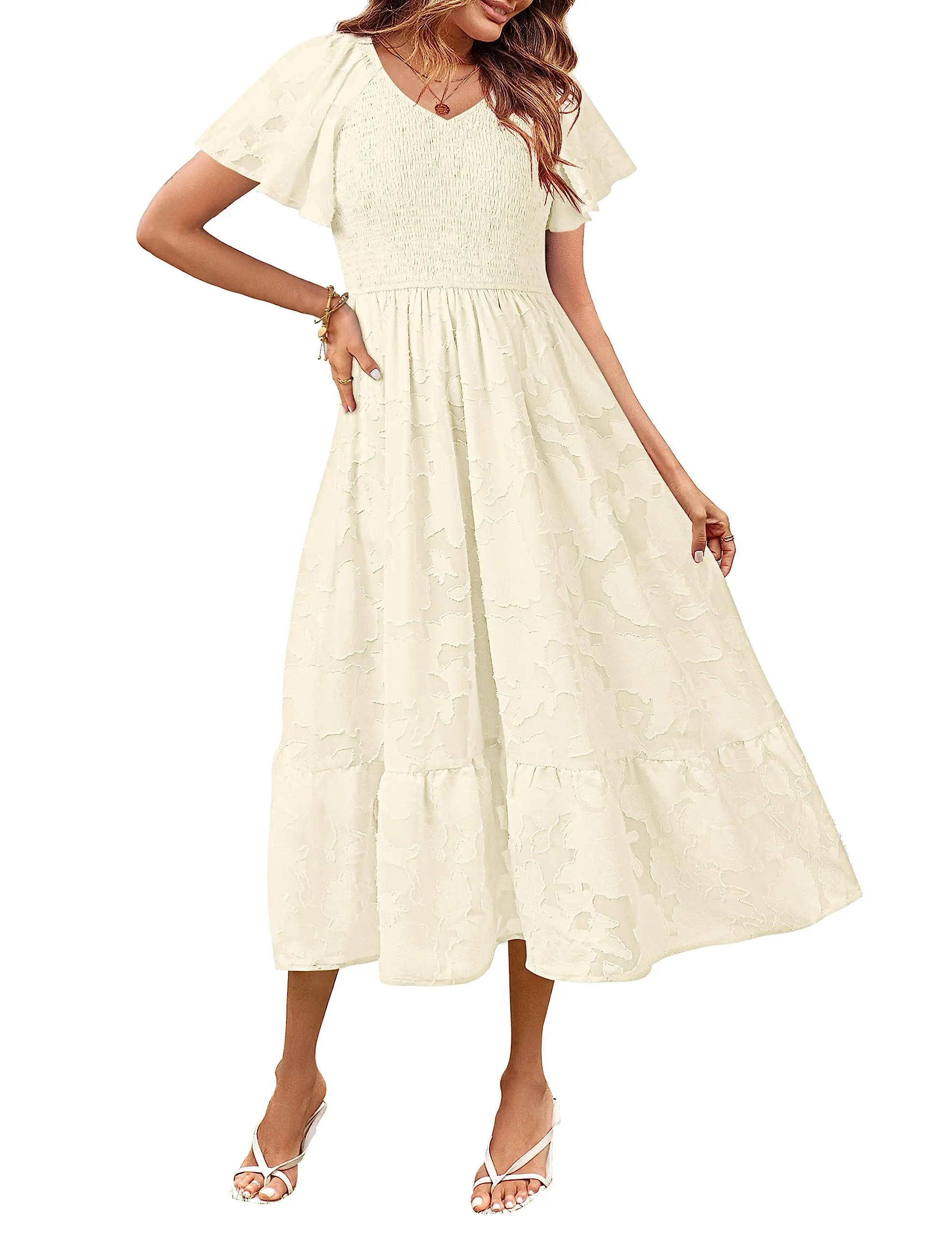 MEROKEETY V Neck Ruffle Sleeve Floral Lace Smocked Midi Dress