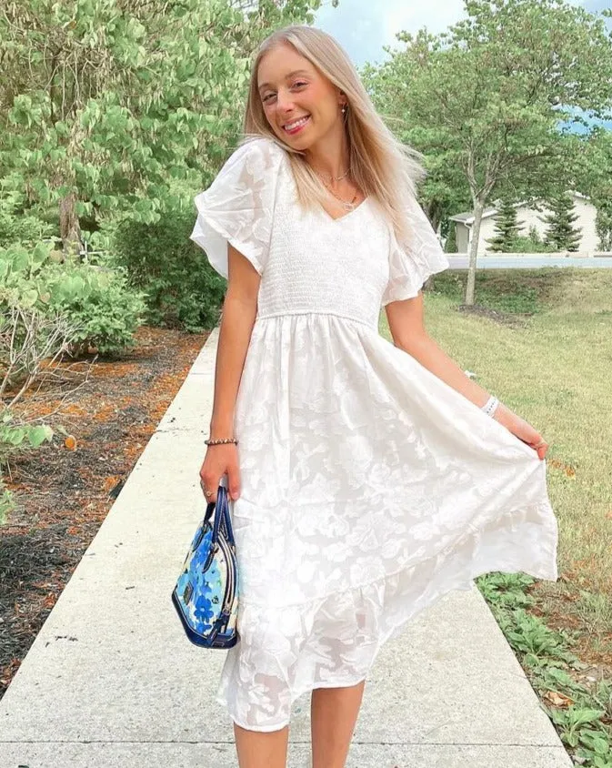 MEROKEETY V Neck Ruffle Sleeve Floral Lace Smocked Midi Dress