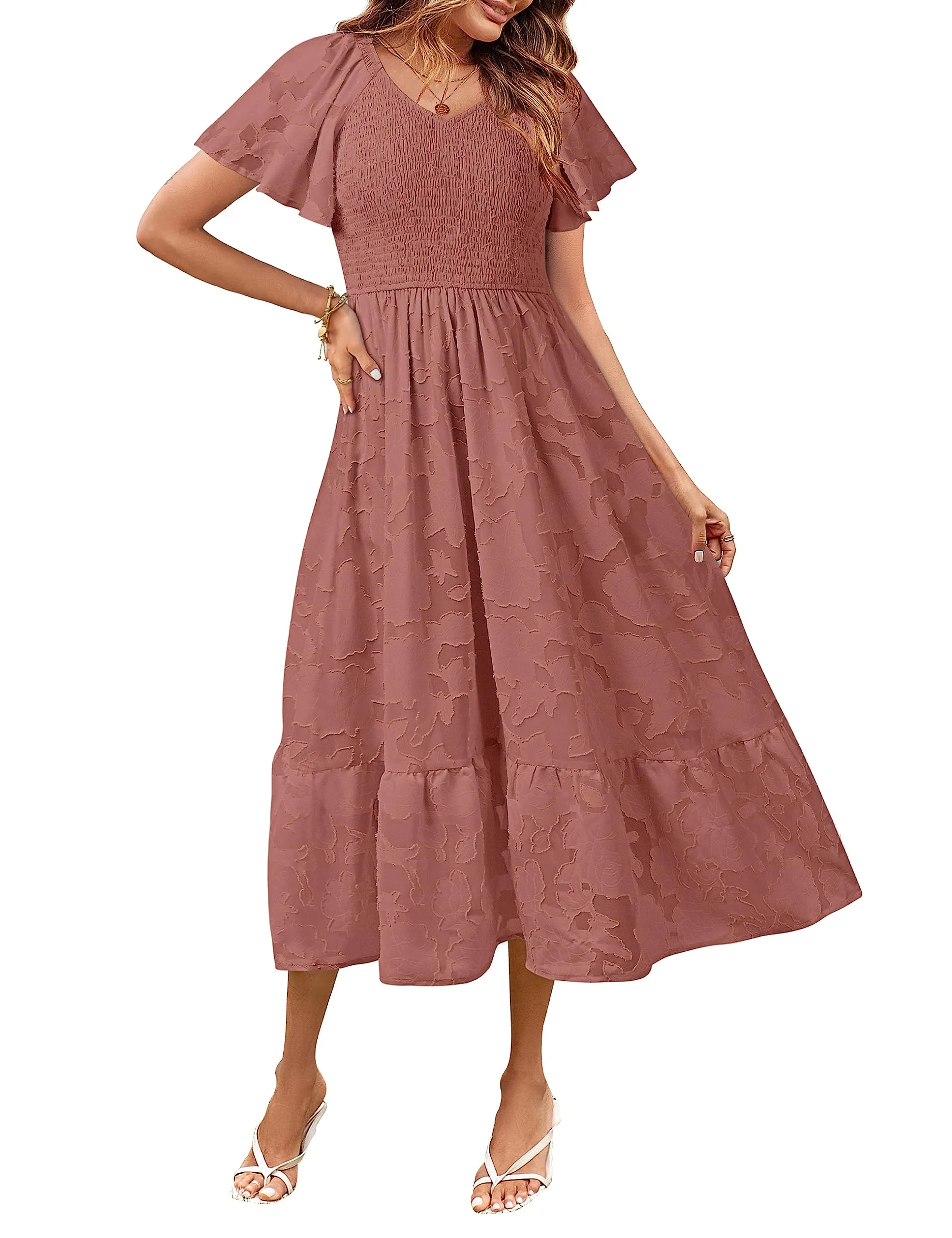 MEROKEETY V Neck Ruffle Sleeve Floral Lace Smocked Midi Dress