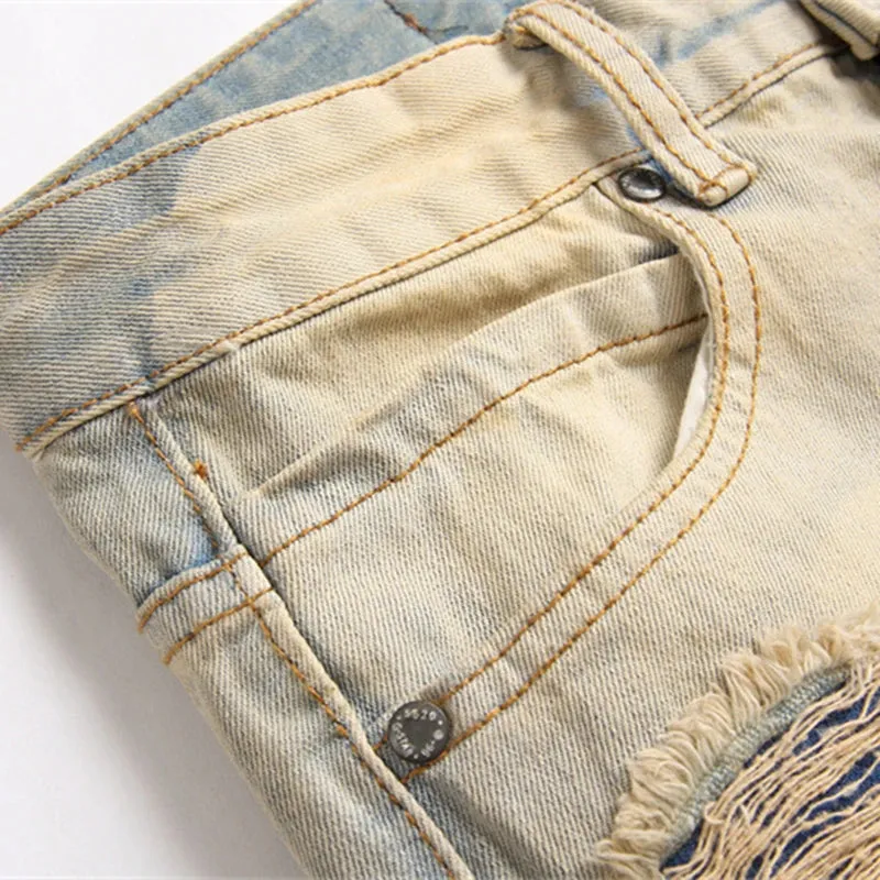 New Men's Punk Ripped Denim Jeans - Multi-Pocket Zipper Mid-Waist Casual Pencil Pants
