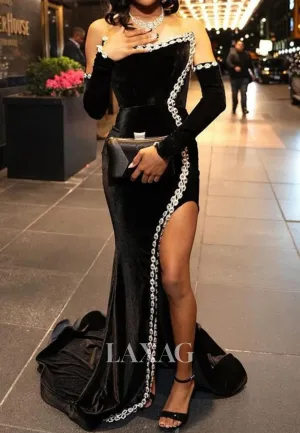 Off-Shoulder Scoop-Neck Long-Sleeves Evening Gowns Rhinestone Pleated Satin Mermaid Prom Dress